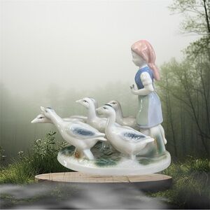 Girl w geese ceramic porcelain figurine vintage Germany Gerold Porzellan vintage